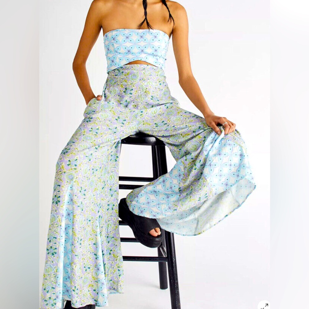 Free People Blue and Green Floral Jumpsuit